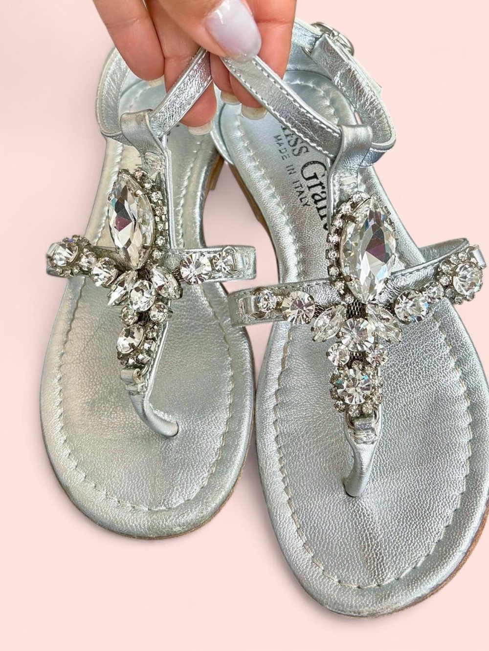 Miss Grant Silver Jeweled T-Strip Sandals for girls